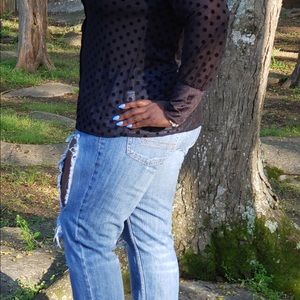 Black polka dot mesh blouse